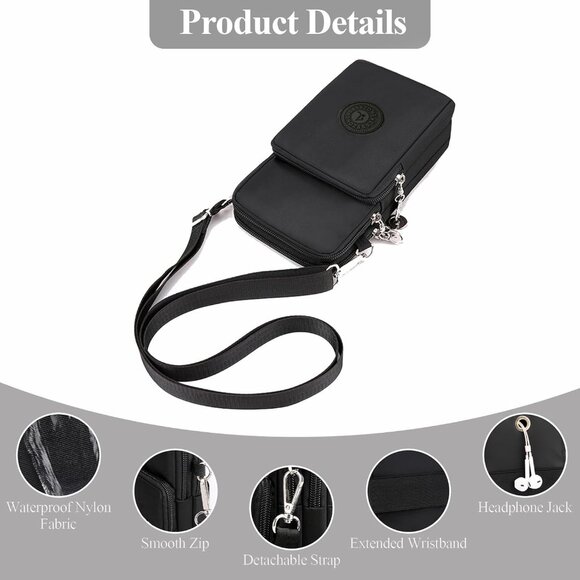 Women's Black 4 Small Crossbody Waterproof Nylon Purses Mini Shoulder Travel Bag - Picture 6 of 6